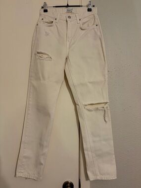 Reformation Cream Distressed Straight-Leg Jeans